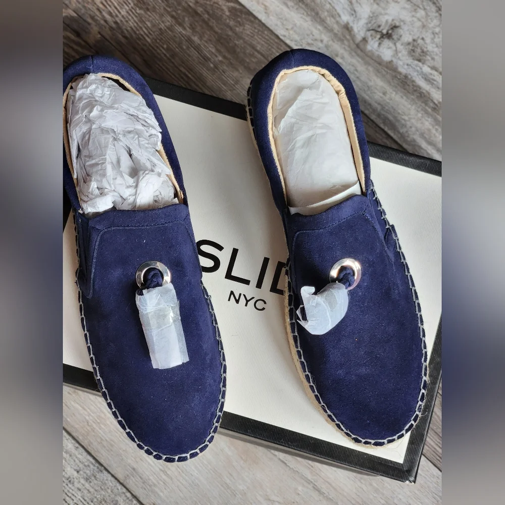 J/SLIDES NYC NAVY SUEDE ROSA SLIDES